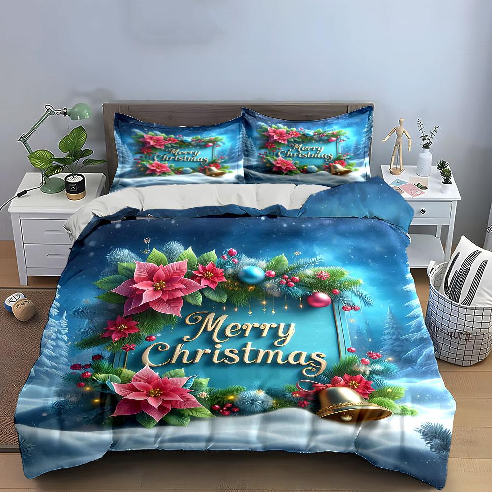 Christmas Poinsettia Decoration Bedding Duvet Cover Set Duvet Cover Pillowcases (1*Duvet Cover 2*Pillowcases, Without Duvet Insert)
