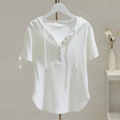 T-shirt da donna bianca con cappuccio, manica corta e coulisse - Vestibilità aderente, stile ampio, Estate 2025.