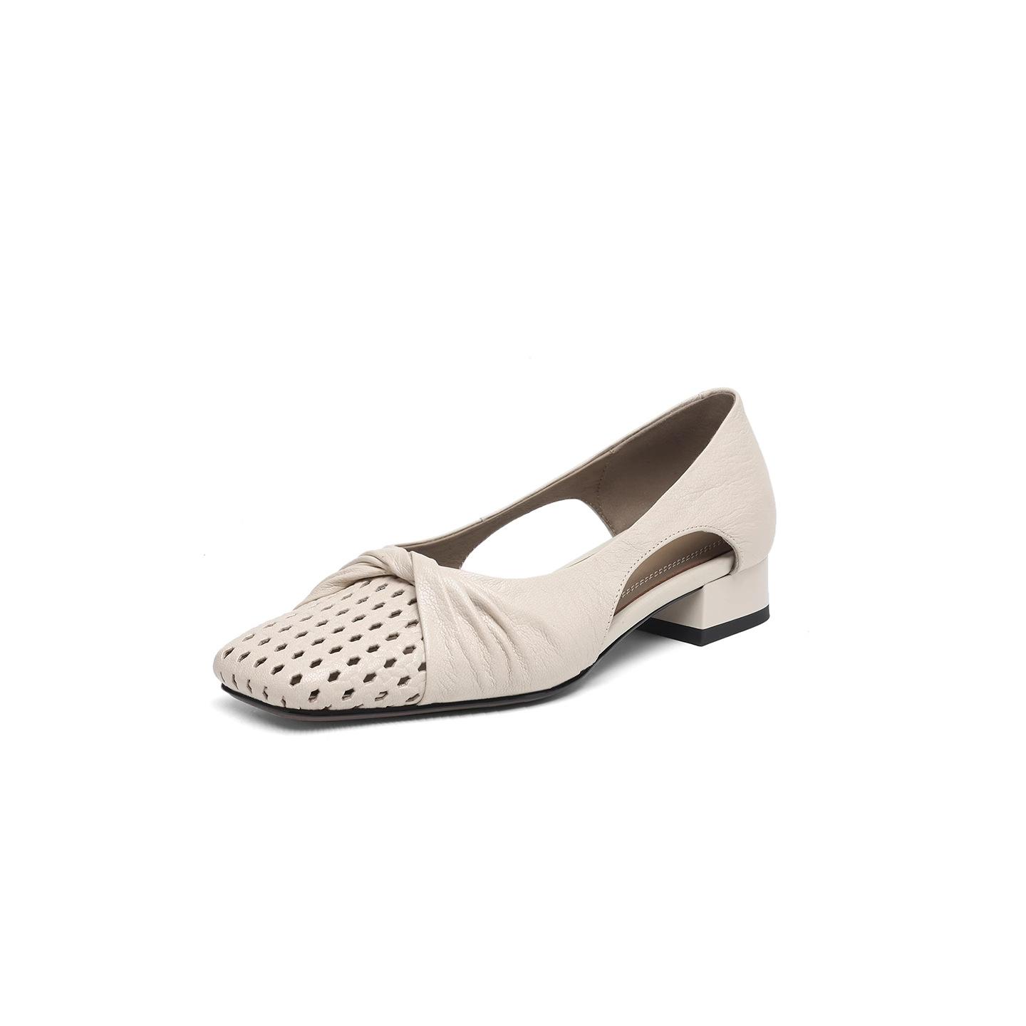 

Ruoji французская кожа полые туфли на низком каблуке с мелким вырезом женские 2025 лето новые удобные универсальные дышащие сандалии 40