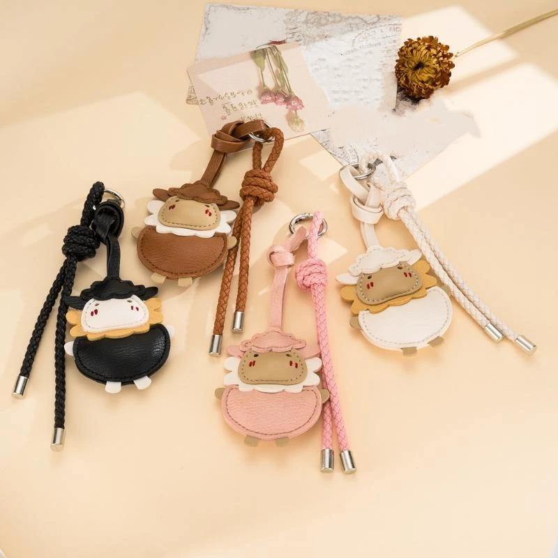 1Pcs Cartoon Lamb Charm Pendant Cute Sheep Pu Leather Keychain Braided Rope Strap Bag Backpack Decor Gift