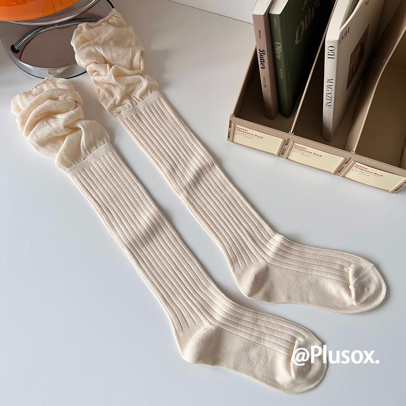 Lazy Style Over-the-Knee Women's Socks: Autumn/Winter White & Grey Scrunch, Thigh-High, Calf Boot Socks, Cotton, Japanese JK Style.