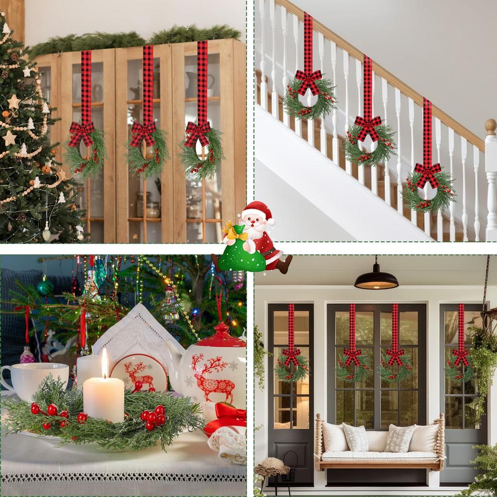 Christmas Kitchen Cabinet Wreaths With Plaid Bow Ribbon Hanging Cabinet Doors Wreaths Decorative For Kitchen Window Outdoor Indoor Holiday Decor