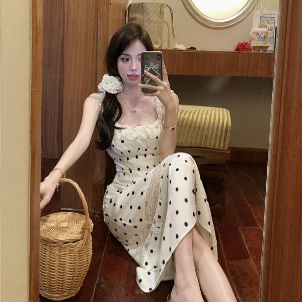 Lace backless polka dot hot girl camisole dress for women, summer new French hip-hugging mid-length dress for women