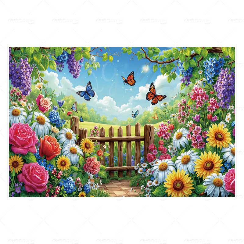 MOON.QG Spring Dreamy Landscape Backgrounds For Photographs Pink Flowers Butterfly Garden Backdrop Photozone Decoration Props 90x60cm