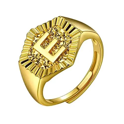 Hexagon Surface 3D Embossed A-Z Initial Letter Rings for Man Woman Adjustable Size A-Z 14k Gold Color Family Signet Jewelry