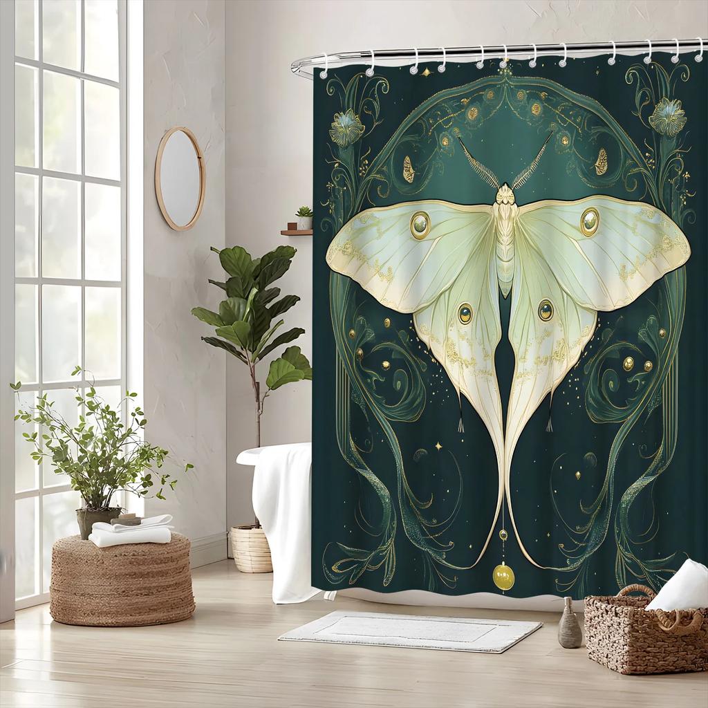 ~O~Tenda da Doccia Art Nouveau Falena - Verde Chiaro, Motivi Dorati & Ocelli, Poliestere, Lavabile in Lavatrice, 12 Ganci, Decorazione Bagno