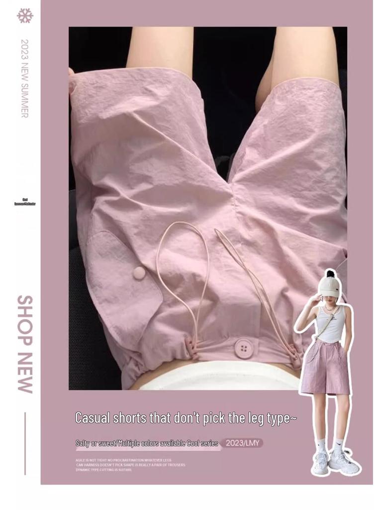 Women's Pink Quick-Dry High Waist Cargo Shorts - Loose, Lightweight, Wide-Leg Summer Sports Pants.