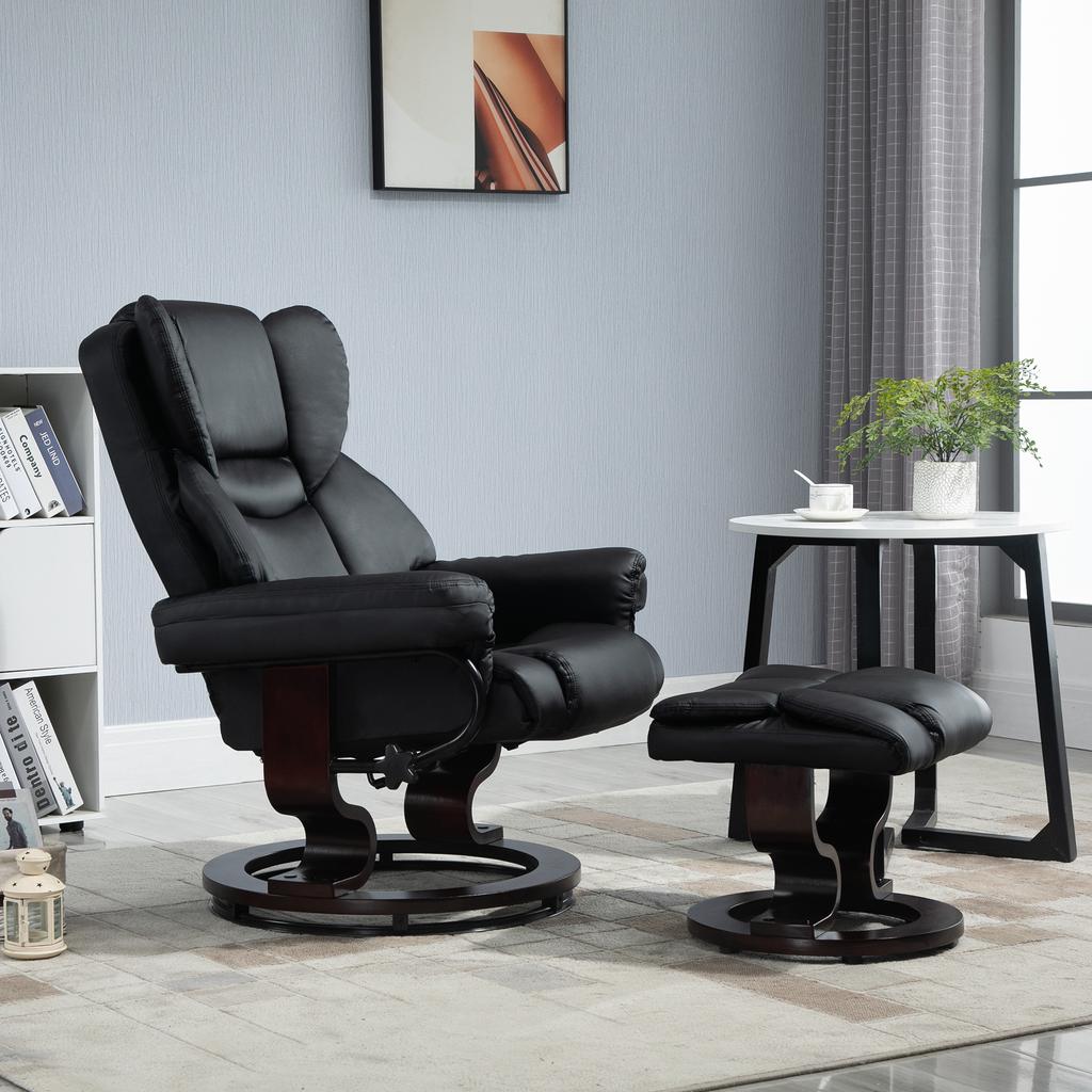 360 Degrees Swivel Recliner Chair with Footstool, PU Leather Manual Recliner Armchair with Footstool, Solid Wood Base