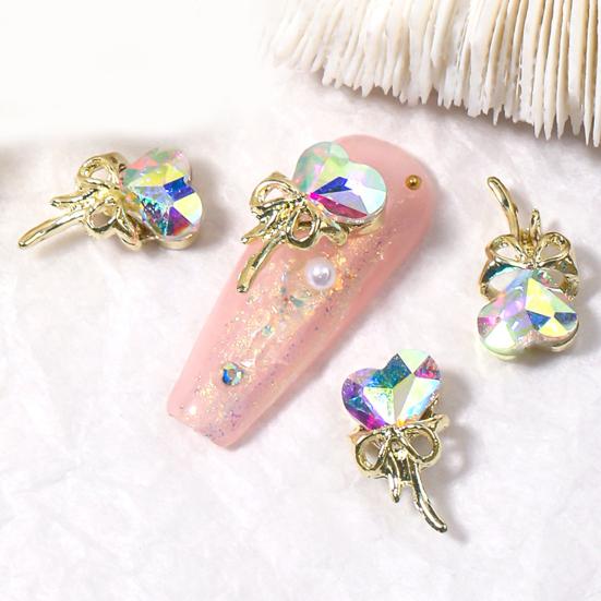 Yousheng 10Pcs/Set Nail Art Charm Golden Bowknot 3D Alloy Luxury Cute DIY Solid Colored Rhinestone Love Heart Nail Decoration Salon Home Use