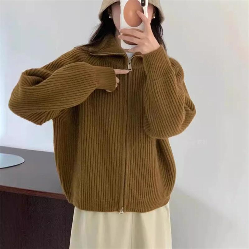 Women's Autumn and Winter Loose Lapel Double Zip Knitted Cardigan Sweater