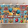 2D Retro Fitnessstudio-Kulisse, "Willkommen in unserem Familien-Fitnessstudio" Fitness-Hintergrund