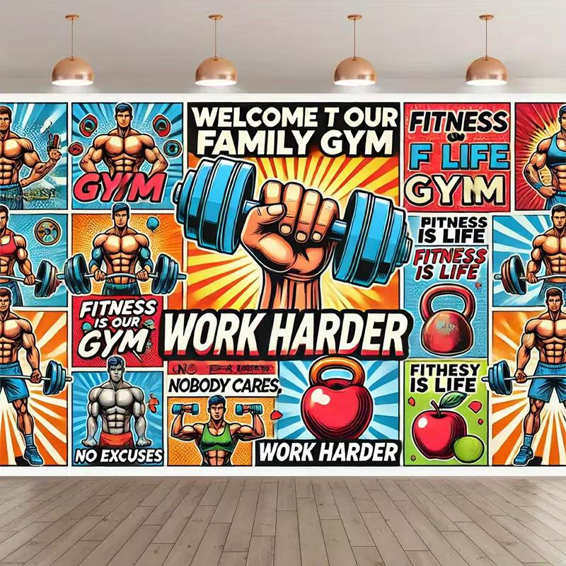 2D Retro Fitnessstudio-Kulisse, "Willkommen in unserem Familien-Fitnessstudio" Fitness-Hintergrund