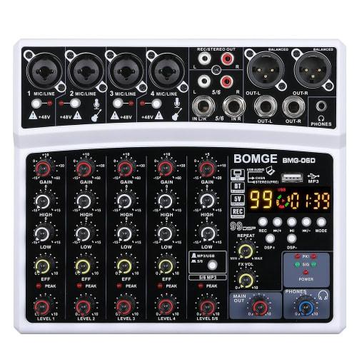 BOMGE 6-Channel DJ Audio Mixer with MP3, USB, Bluetooth, 48V Phantom Power, 5V Power Supply, and 99 DSP Echo Effects for Live Performances, Music, Kar