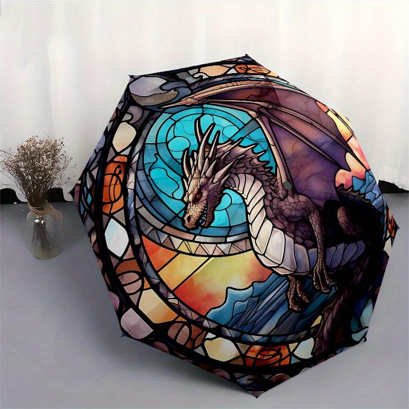 Stained Dragon Window Panel: Fantasy Art DecorUmbrella, Portable 3-Fold Compact Umbrella,Christmas Gift ES521