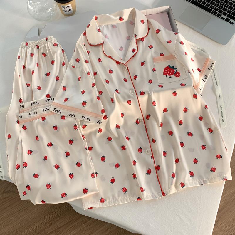 Sweet And Cute Strawberry Print Girl Can Wear Short Sleeves And Trousers Loungewear Can Wear Women Outside