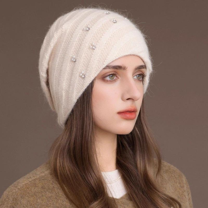Women S Double Layer Knit Hat Warm Winter Beanie Pearl Glitter Rabbit Hair Blend