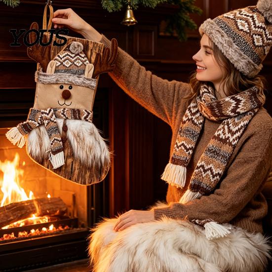 Christmas Stocking Decorations Large Stockings, Santa Snowman Elk Design Plush Hanging Bag, Plaid Knitted Holiday Socks Rustic for Fireplace