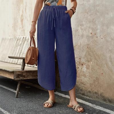 New Cotton and Linen Drawstring Cropped Pants with Pockets for Women, Loose Fit
