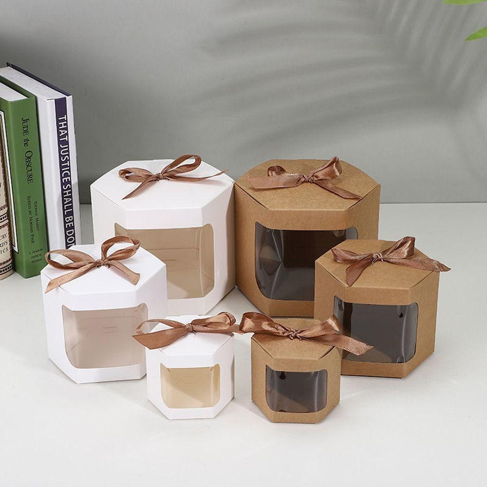 6Pcs Hexagonal Kraft Paper Box Transparent Window Handmade Gift Packaging Boxes with Ribbon Candy Cookies Box