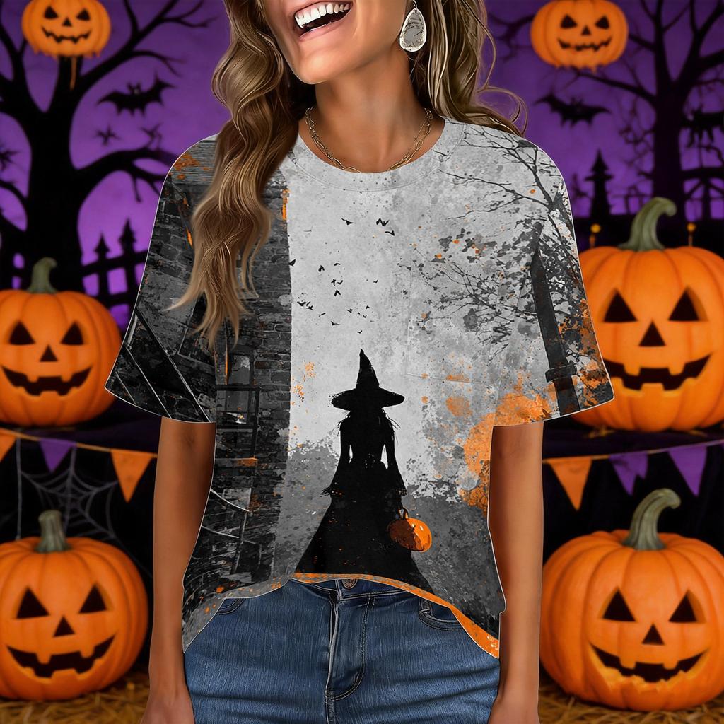 Women's Casual Halloween Pullover Top Short Sleeve Round Neck Pocket T-Shirt Halloween Print Casual Fit Lightweight