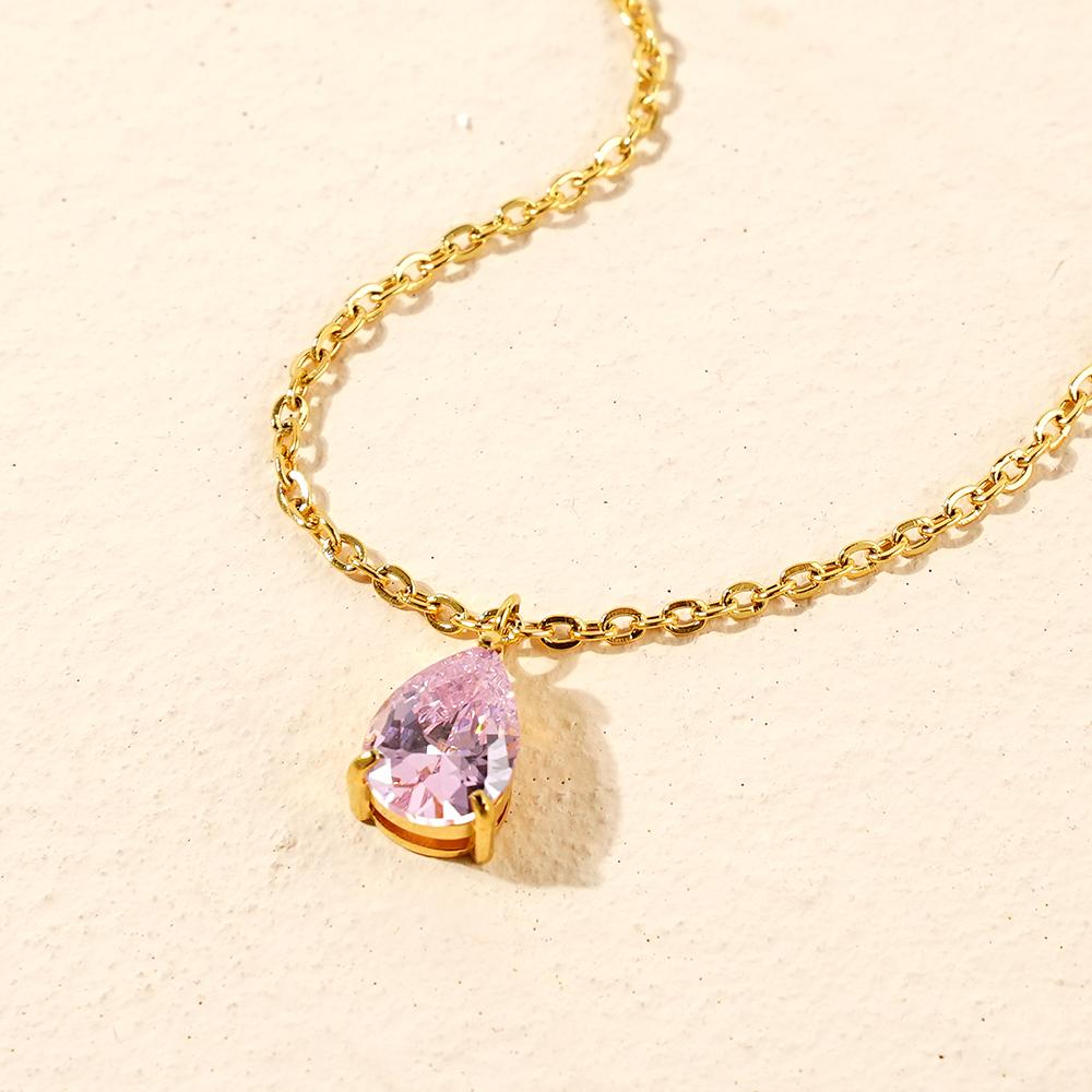 Dainty Birth Stone Jewelry Gift 18k Gold Plated Stainless Steel Zircon Water Drop Teardrop Pendant Birthstone Necklace for Women