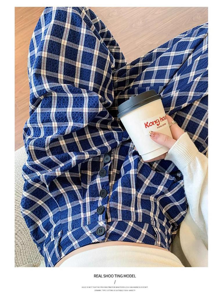 Damen Amerikanisch Blau & Weiß Karierte Hose mit Weitem Bein - Sommer 2025 Locker Geschnitten, Einreihig, Bodenlang