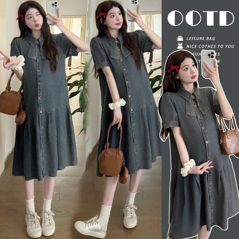 2026 Summer Maternity Loose Denim Button-Up Dress 2XL