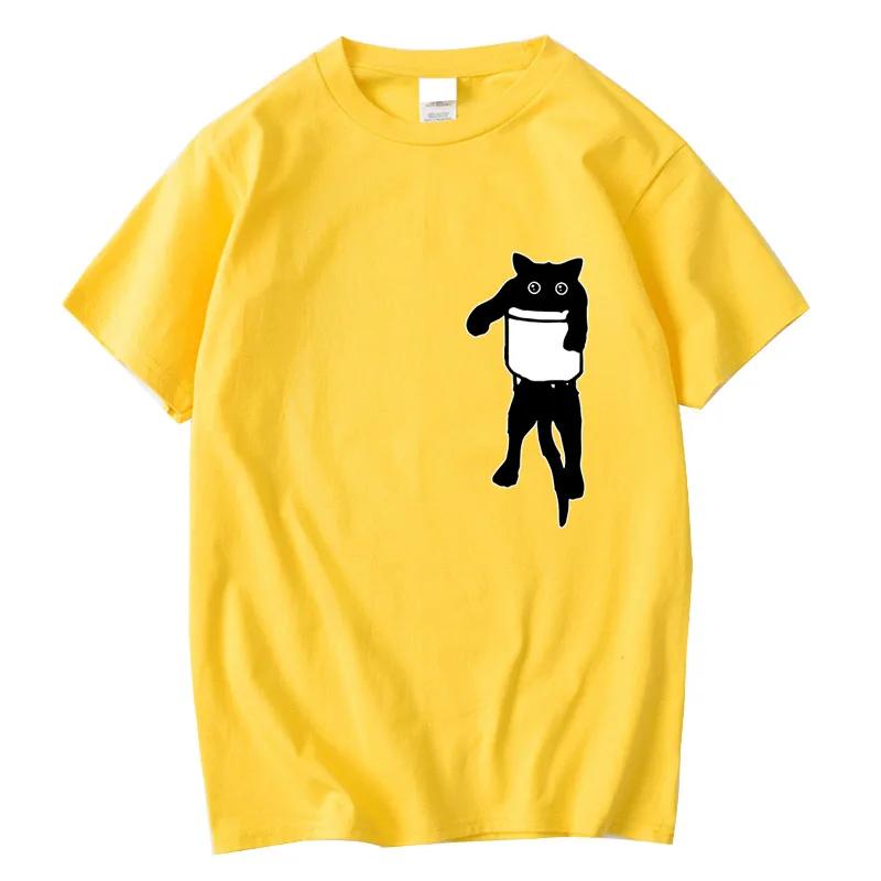 Men's High Quality T-shirt 100% Cotton Funny Pocket Cat Print Summer Loose Cool O-neck T Shirt for Men Short Sleeve Male Tees