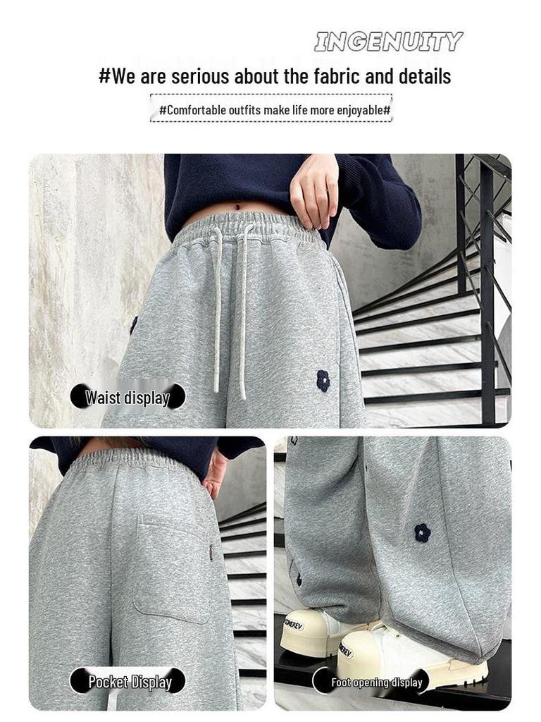 Stylowe spodnie dresowe dla dziewcząt na jesień 2025 z haftowanymi kwiatami