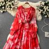 Women French Fashion Single Breasted V Neck Long Dress With Belt Summer Autumn Elegant Print A-line Robe Female Holiday Clothes