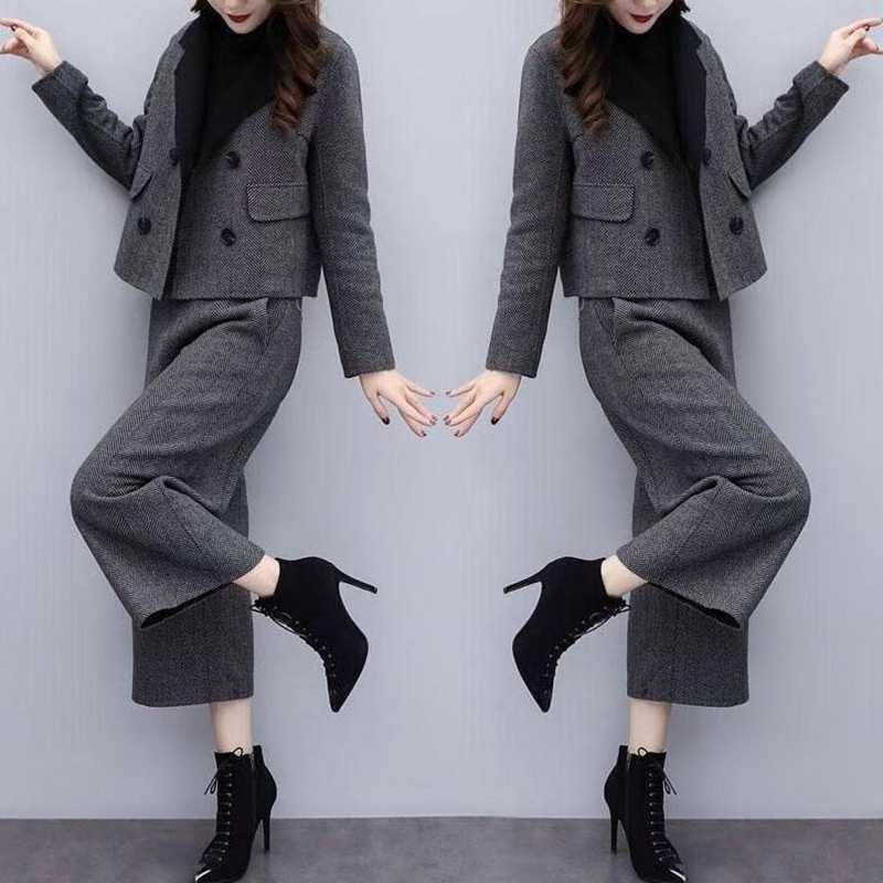 Pants Sets Two Piece Women Wool Cardigan Blazer Thick Button Wide Leg Pants Pockets Solid Casual Suits Outwear Winter
