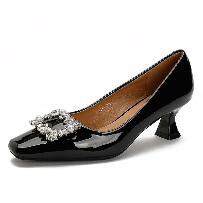 French single shoes women's medium heel 2025 new spring and autumn small high heel square head shoes women's rhinestone square buckle high heel