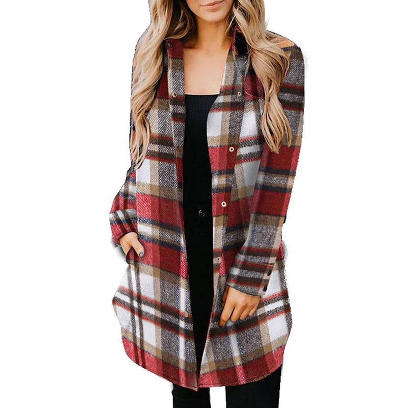 

2025 autumn new lapel plaid shirt women s medium and long long-sleeved autumn and winter coat 2XL