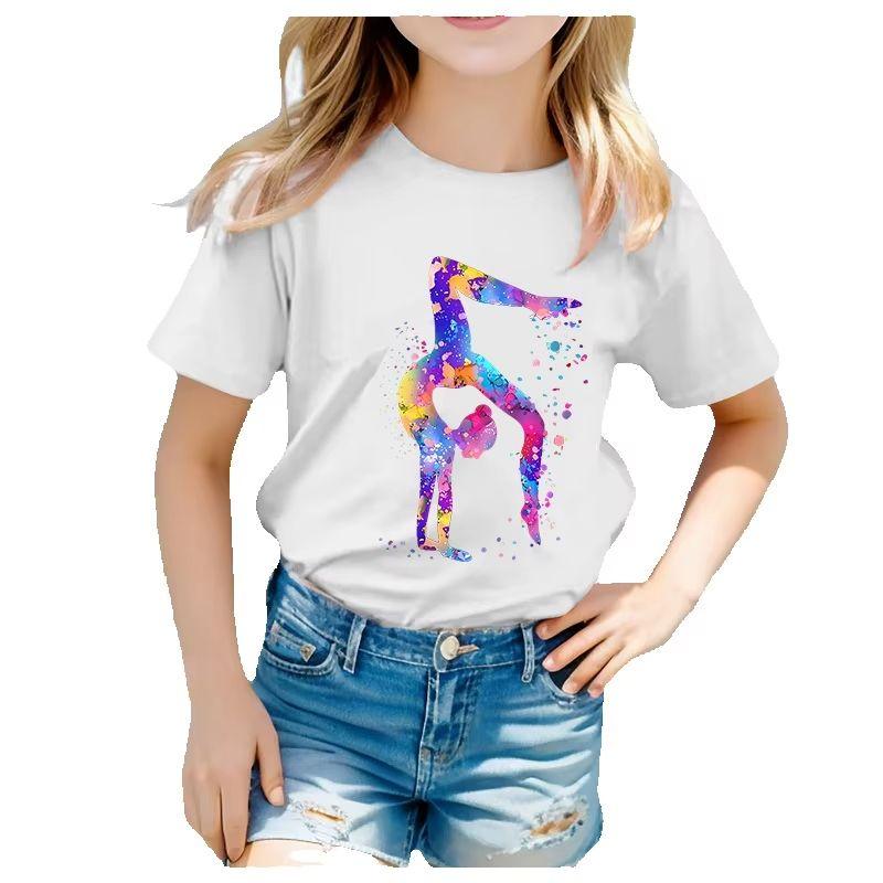 Stylisches Rundhals-T-Shirt mit Tanz-Print, Bunte kurzärmelige Sommer-Top für mittlere bis große Größen, Trendiger Cartoon-Baby-Sommerw