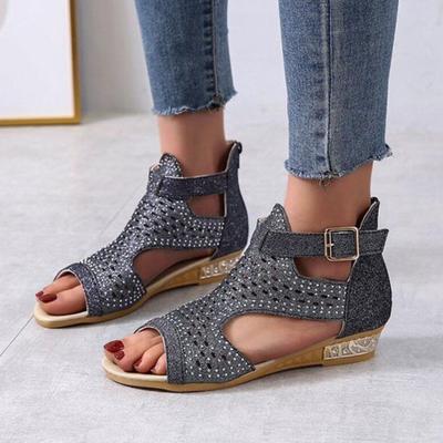 Summer New Roman High Top Fish Mouth Hollow-out Sandals Back Zipper Wedge Heels Rhinestone Sequins Women's Shoes
