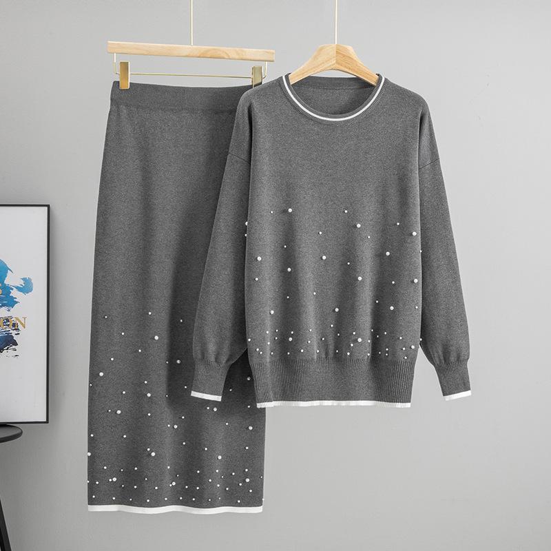 Autumn and Winter Fashion High-waisted Loose Slimming Beaded Knitted Top Half-length Set of Two Pieces
