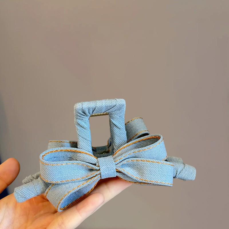 Koreanische Mode Blaue Denim Schleife Transparenter Grauer Haarspangen-Clip für Damen