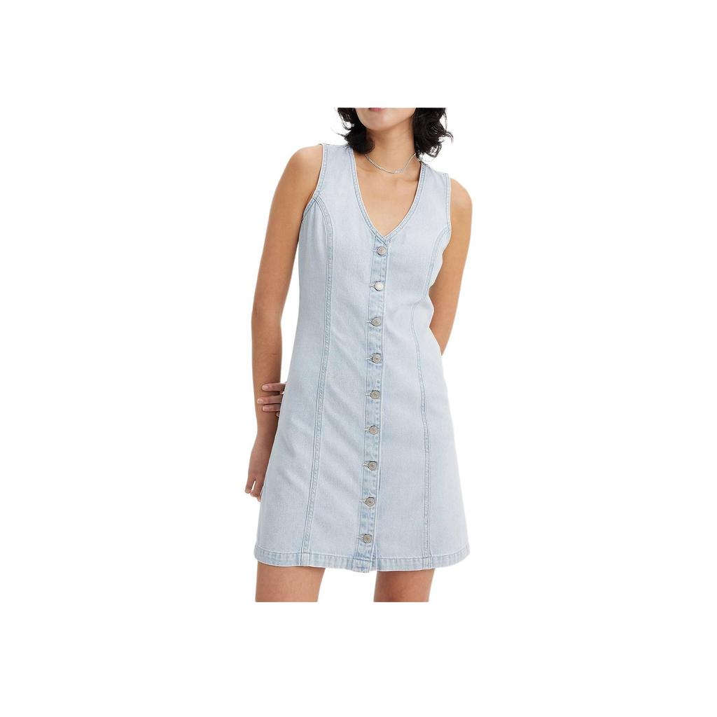 Levis Solid Color V-Neck Short Denim Sleeveless Dress Women Dresses Light-Blue A7600-0000