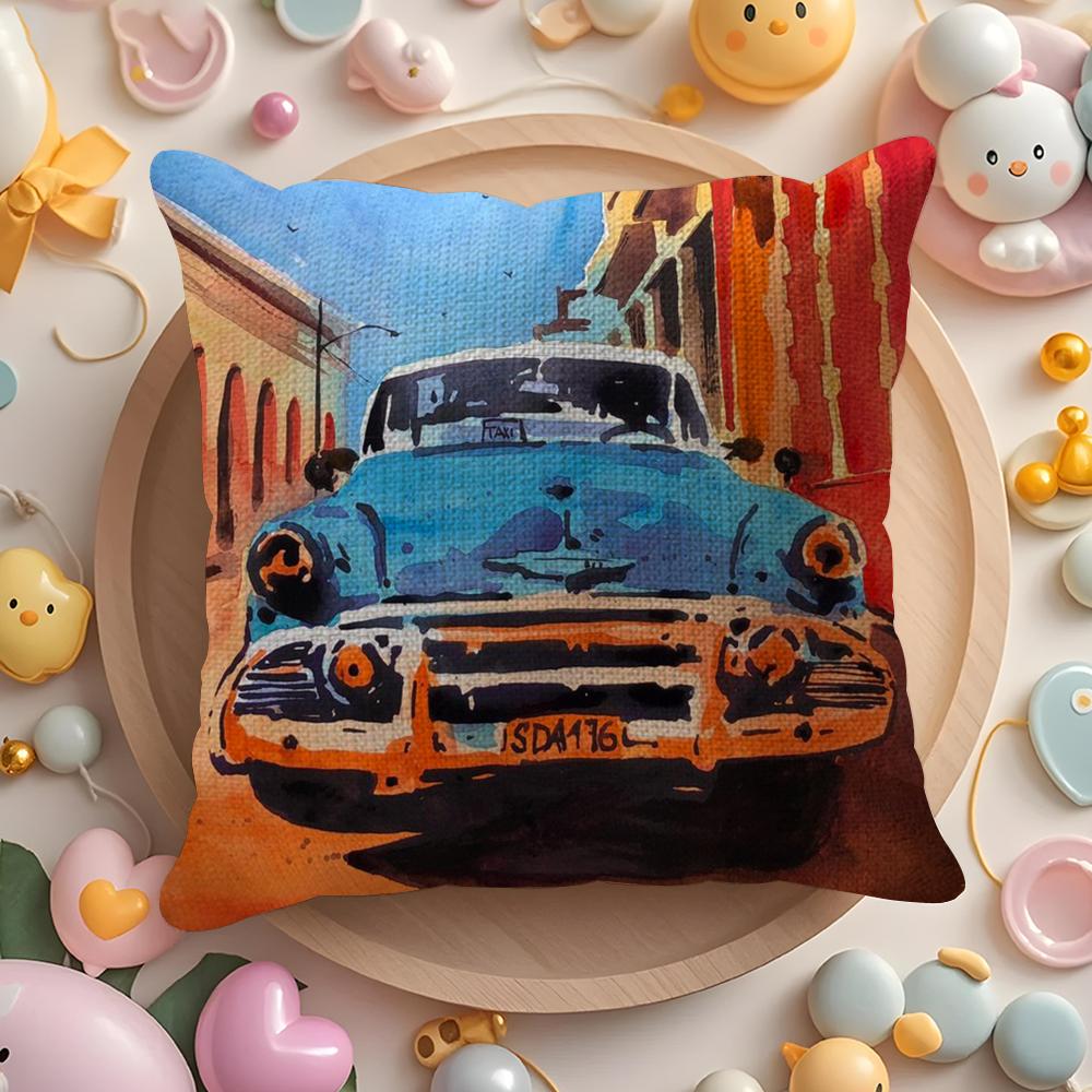 Aquarell Auto Kissenbezug Sommer Frische Leinenstoff Beidseitiger Druck Kissenhülle Sofa Heimdeko Geschenk
