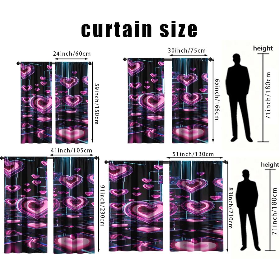 2PCS Neon Pink Love Technology Style Curtains   Trendy Cool Style   Suitable for Bedroom and Living Room   Pull up Pocket Style