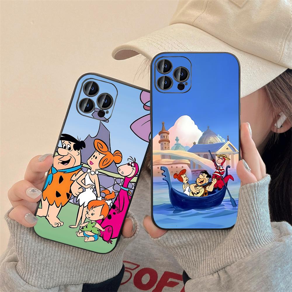 R-Cartoon La Funda de Teléfono de Los Picapiedra Para IPhone 16,15,14,13,12,11,XS,XR,X,8,7,Pro,Max,Plus,mini Funda Negra de Silicona