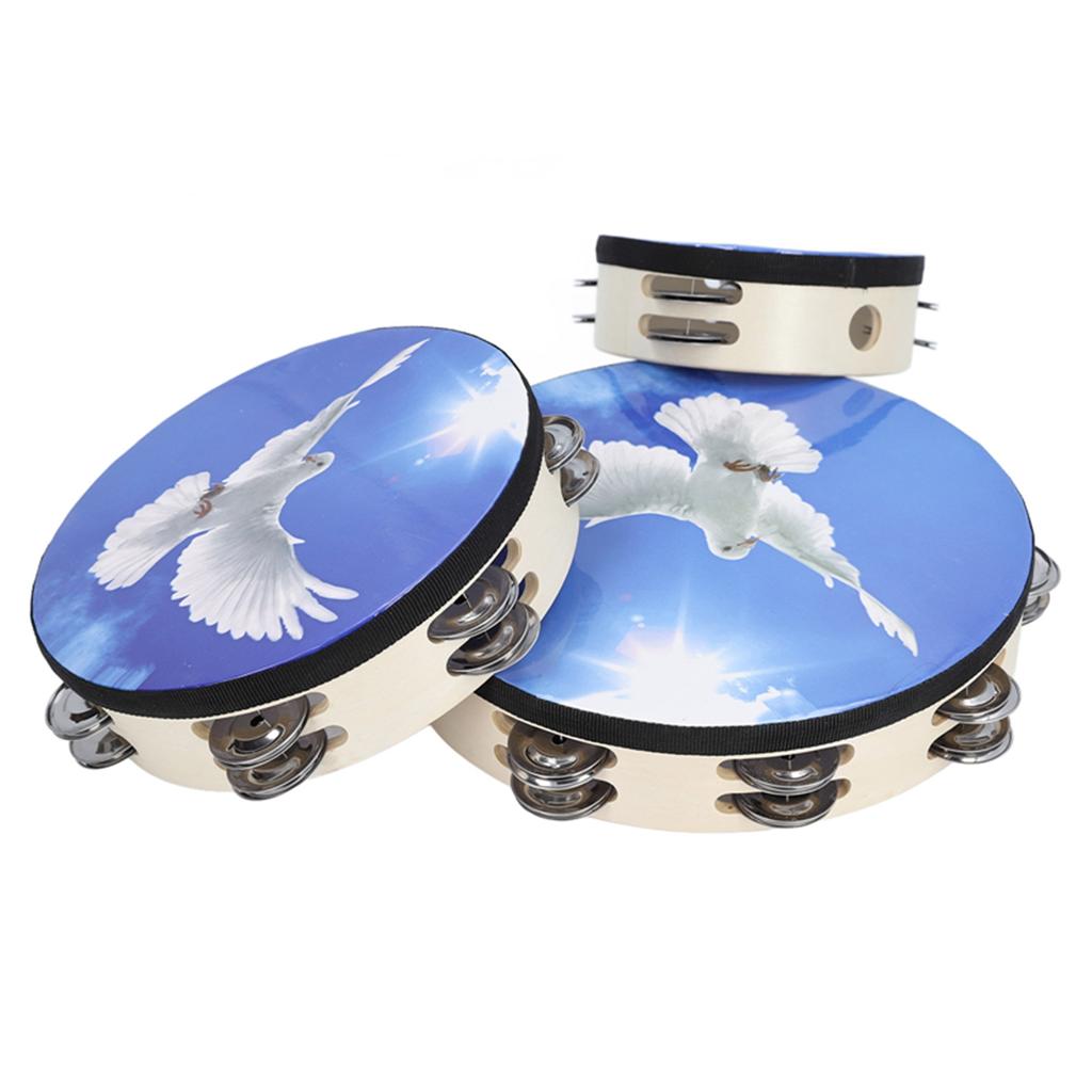 3PCS Wooden Tambourine Double Row Bell Jingles Hand Held Drum Hand Percussion Instrument for Adults Kids 6in 8in 10in