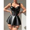 Sexy gonna con bretelle in pelle PU verniciata traforata, set con gonna a bretelle, tentazione calda, sesso libero
