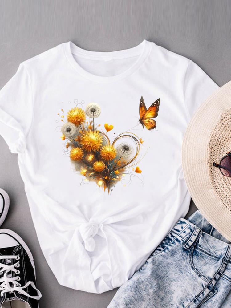 (Asian Size) Leopard Love Heart Women's Top Print O-neck Short Sleeve T-shirts Fashion Female Casual T Clothing Graphic Tee