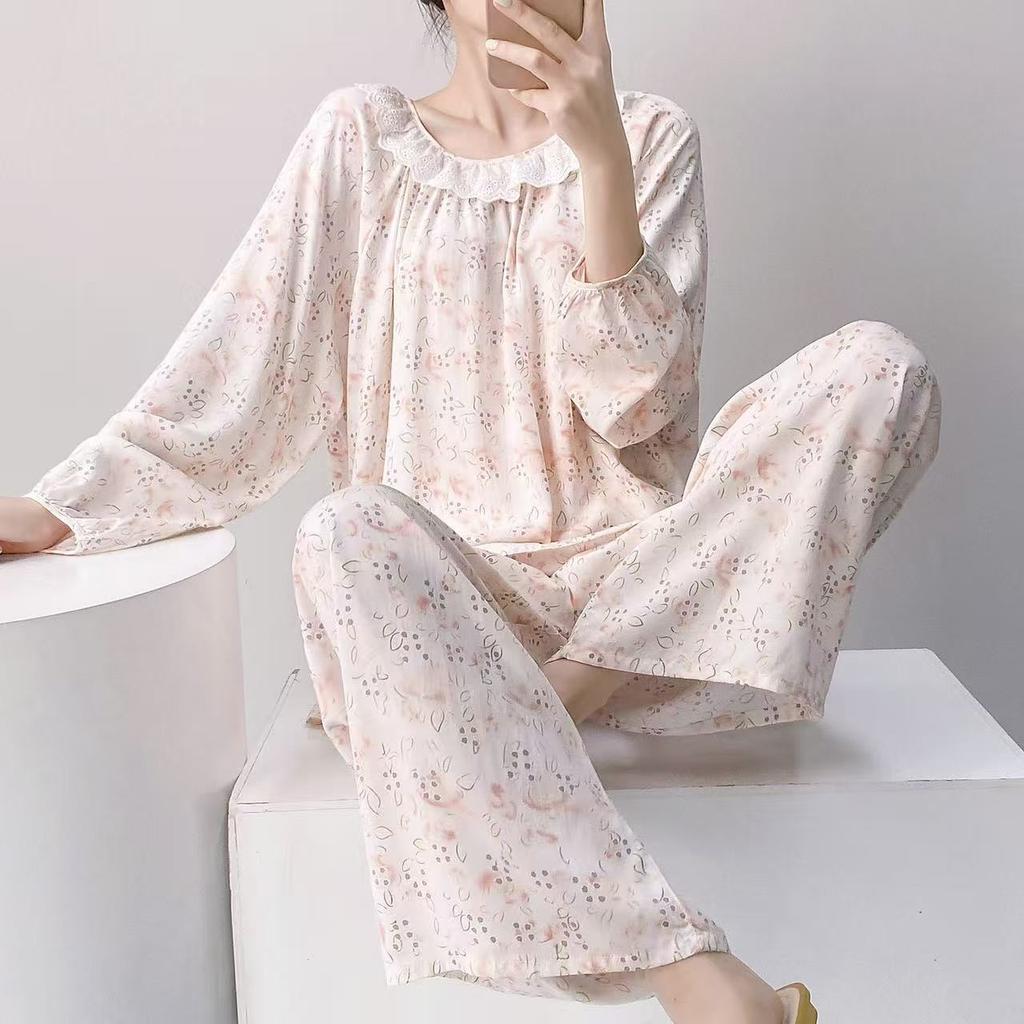Spring and Summer New Plaid Printing Crew Neck Lace Long-sleeved Trousers Pajamas Set Women's Loungewear Loose Spot