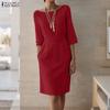 ZANZEA Women Casual Round Neck Summer 3/4 Sleeve Sheath Dress