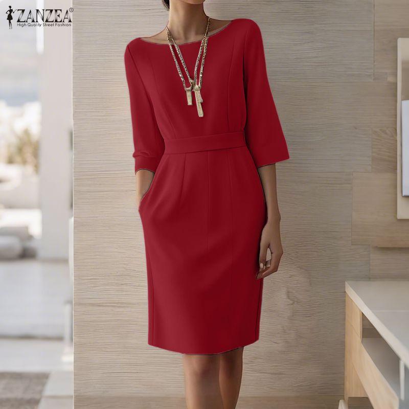 ZANZEA Women Casual Round Neck Summer 3/4 Sleeve Sheath Dress