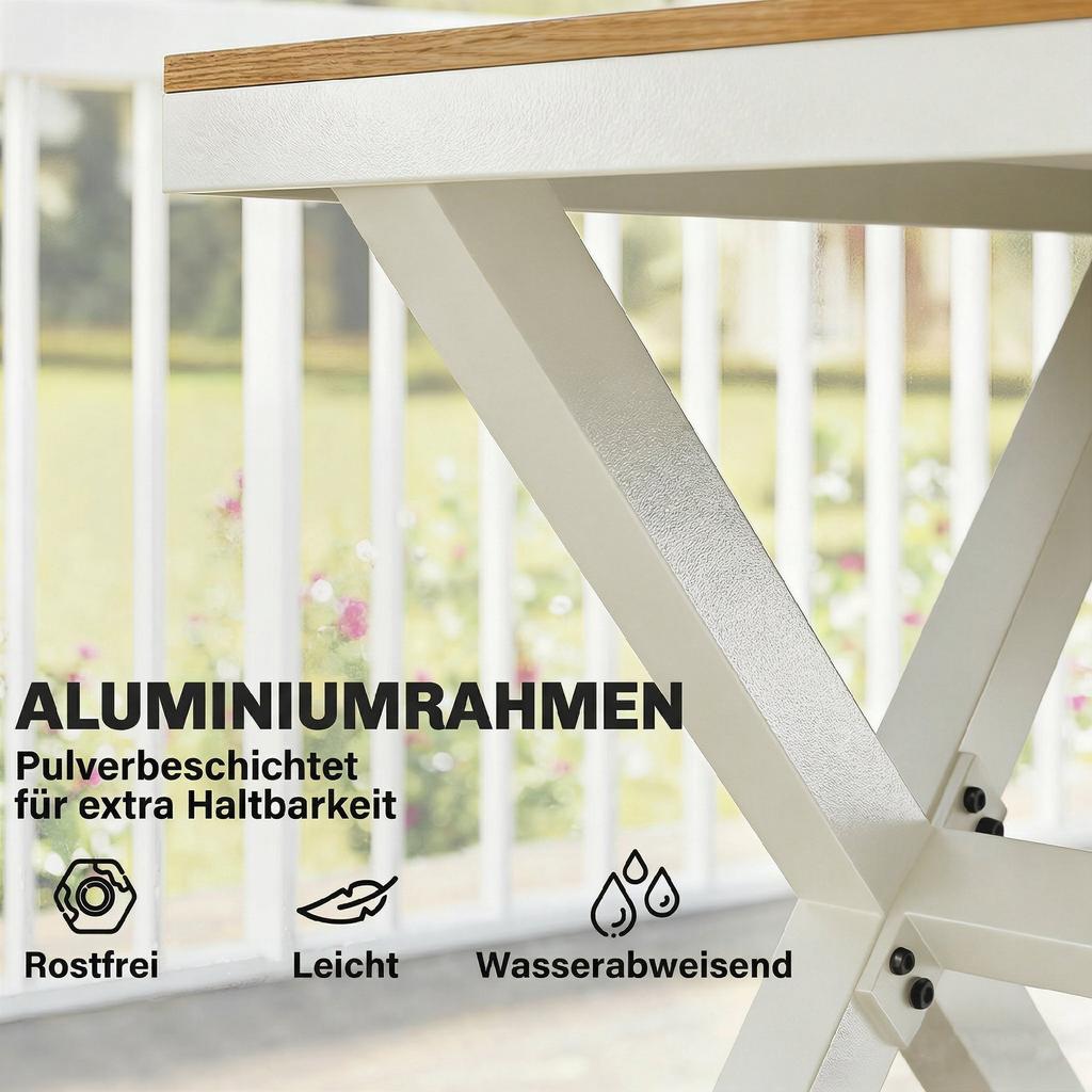 Garden Furniture Set Seating Group 7-Piece Table with 6 Stackable Chairs Wood Look Aluminum Frame Teak