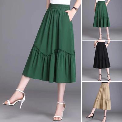 Women Midi Skirt Elastic High Waist A-Line Long Skirt with Pockets Solid Color Thin Style Skirt Slimming Design Skirt
