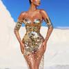 Summer New European and American Women's Dress Sequined Shoulder Sexy Mesh Perspective Long Evening Dress
